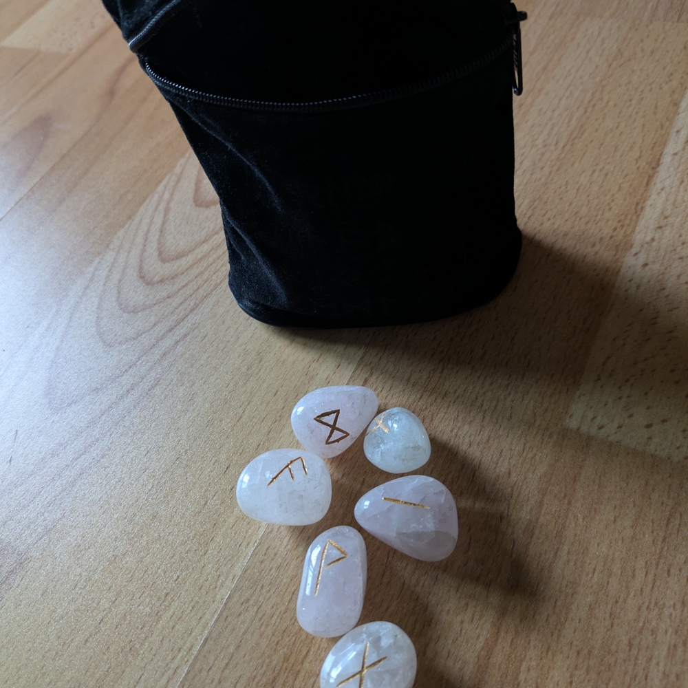 Rose Quartz Rune Stones With Black Velvet Pouch